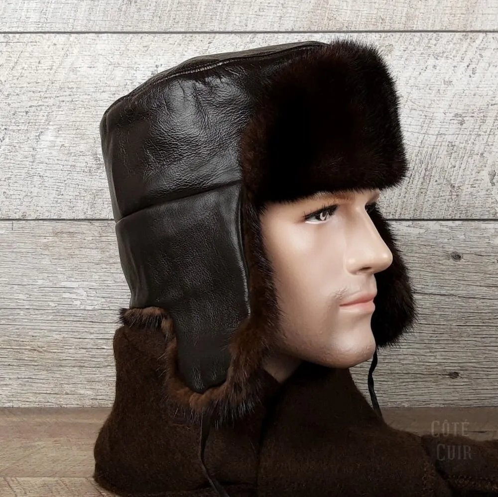 Brown Mink Fur Russian Ushanka Hat for Men, Brown Leather