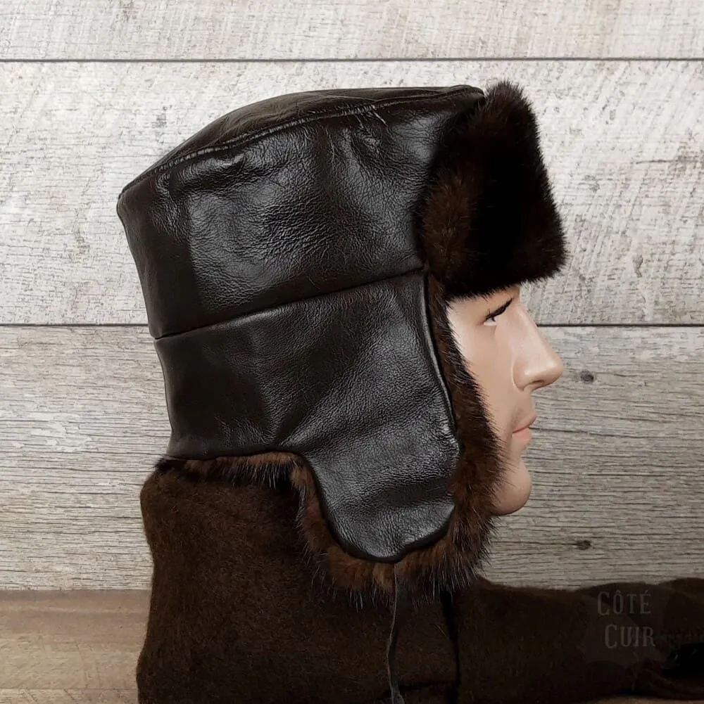 Brown Mink Fur Russian Ushanka Hat for Men, Brown Leather