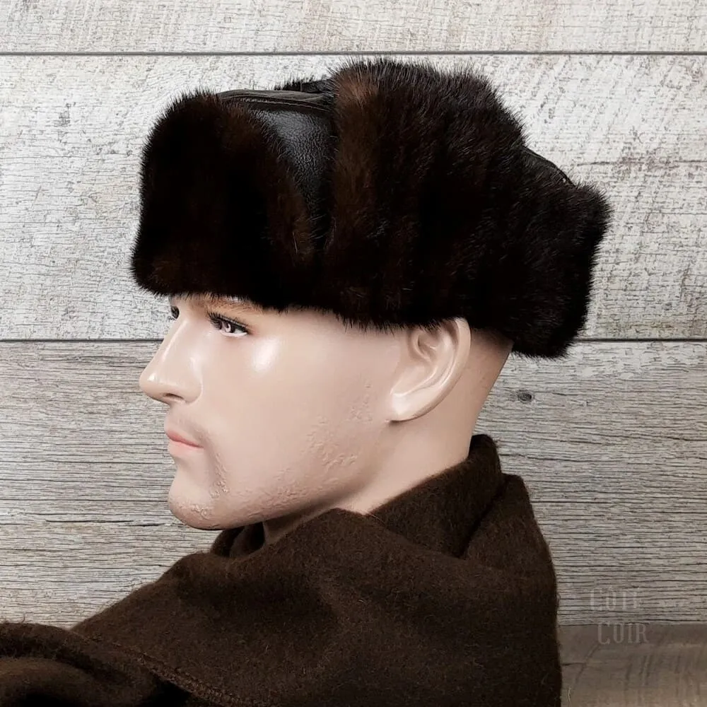 Brown Mink Fur Russian Ushanka Hat for Men, Brown Leather