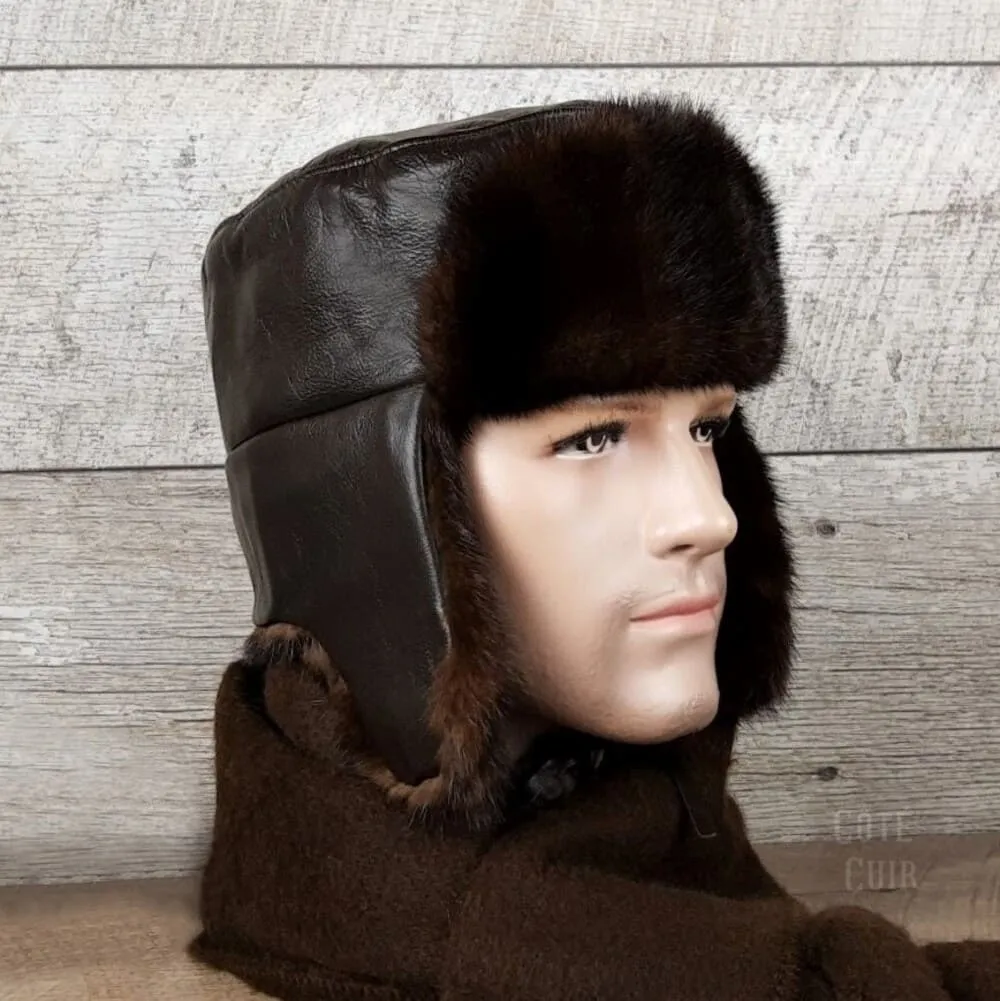 Brown Mink Fur Russian Ushanka Hat for Men, Brown Leather