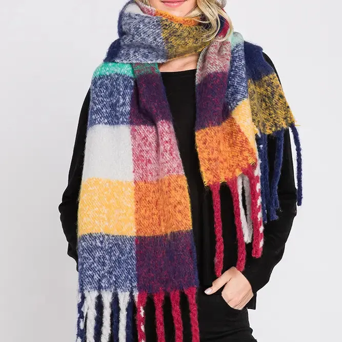 Brushed Multi Color Plaid Fringe Winter Scarf