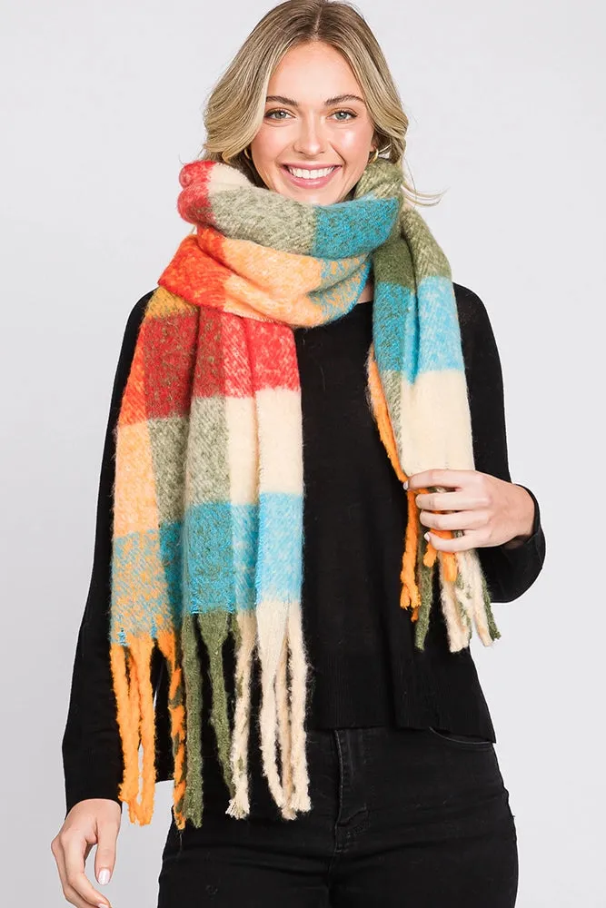 Brushed Multi Color Plaid Fringe Winter Scarf