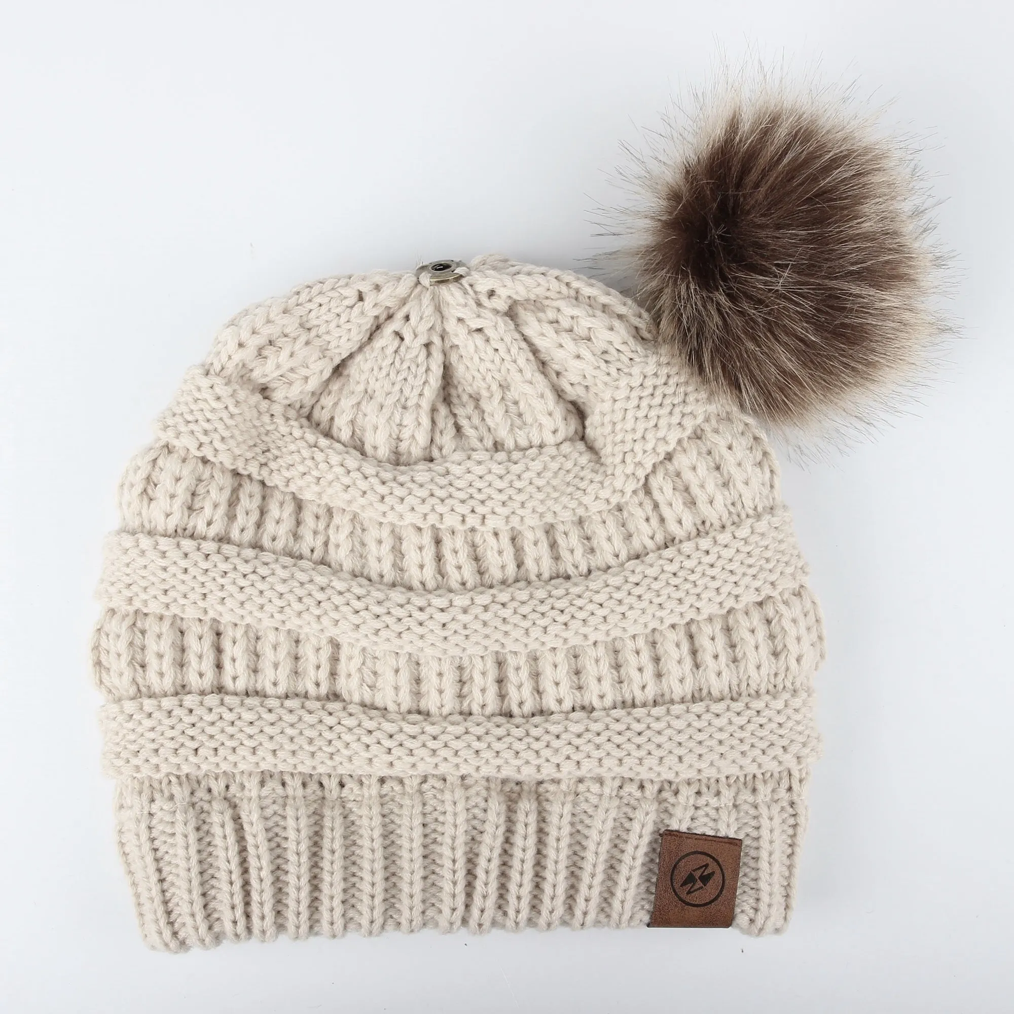 Cable Knit Ribbed Pom Beanie Winter Hat Slouchy Cap HZP0030