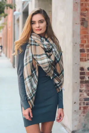 Classic Plaid Blanket Scarf Beige Plaid