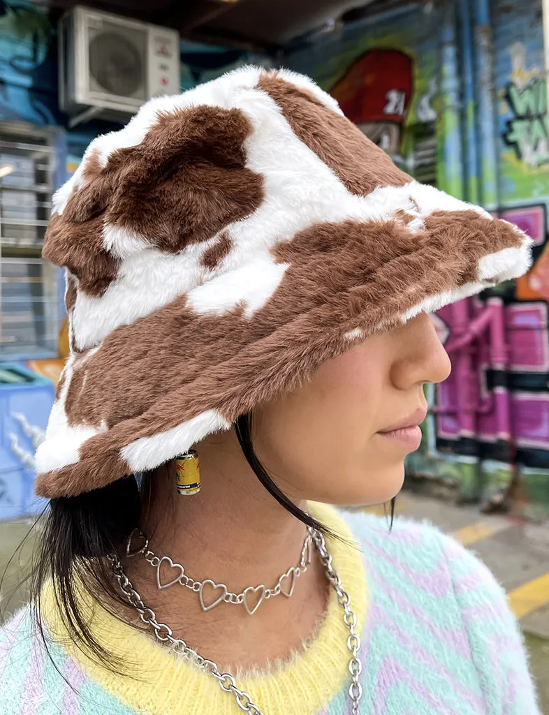 COW PRINT FUZZY HAT - DARK BROWN