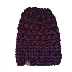 Crochet Puff Stitch Slouch Hat | Eggplant Purple