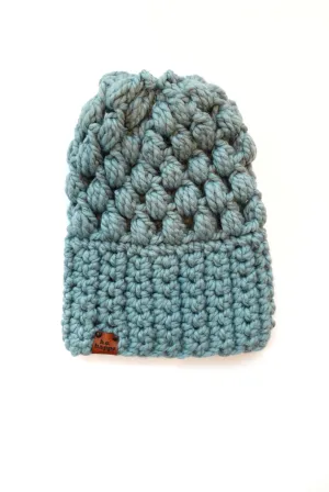 Crochet Puff Stitch Slouch Hat | Succulent Blue