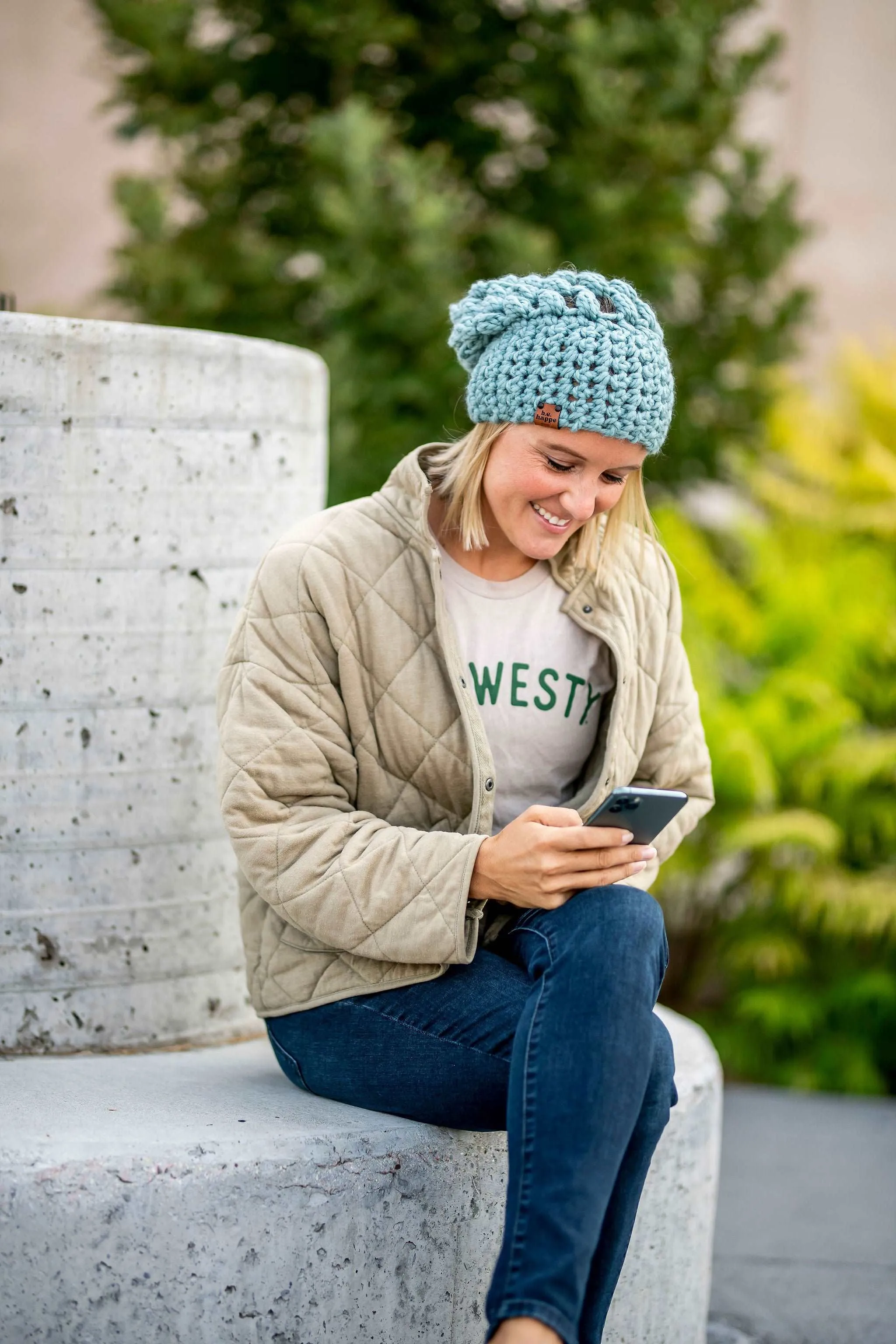 Crochet Puff Stitch Slouch Hat | Succulent Blue