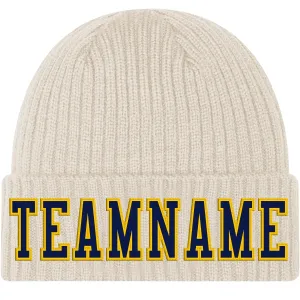 Custom City Cream Navy-Gold Stitched Cuffed Knit Hat