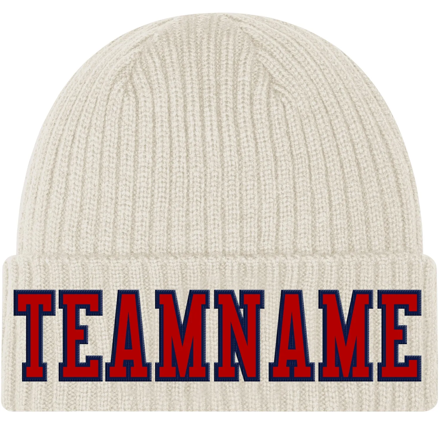 Custom Cream Red-Navy Stitched Cuffed Knit Hat