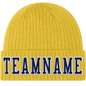 Custom Gold Navy-White Stitched Cuffed Knit Hat