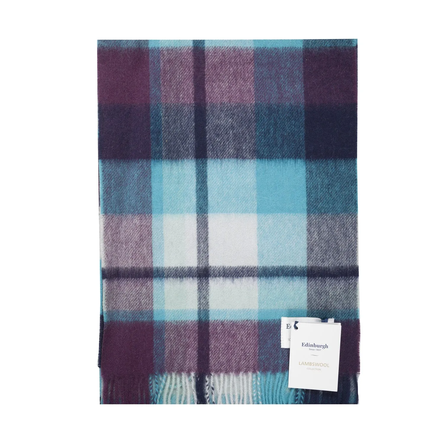 Edinburgh 100% Lambswool Tartan Scarf Myriad Check - Aqua/Navy/Bordeaux