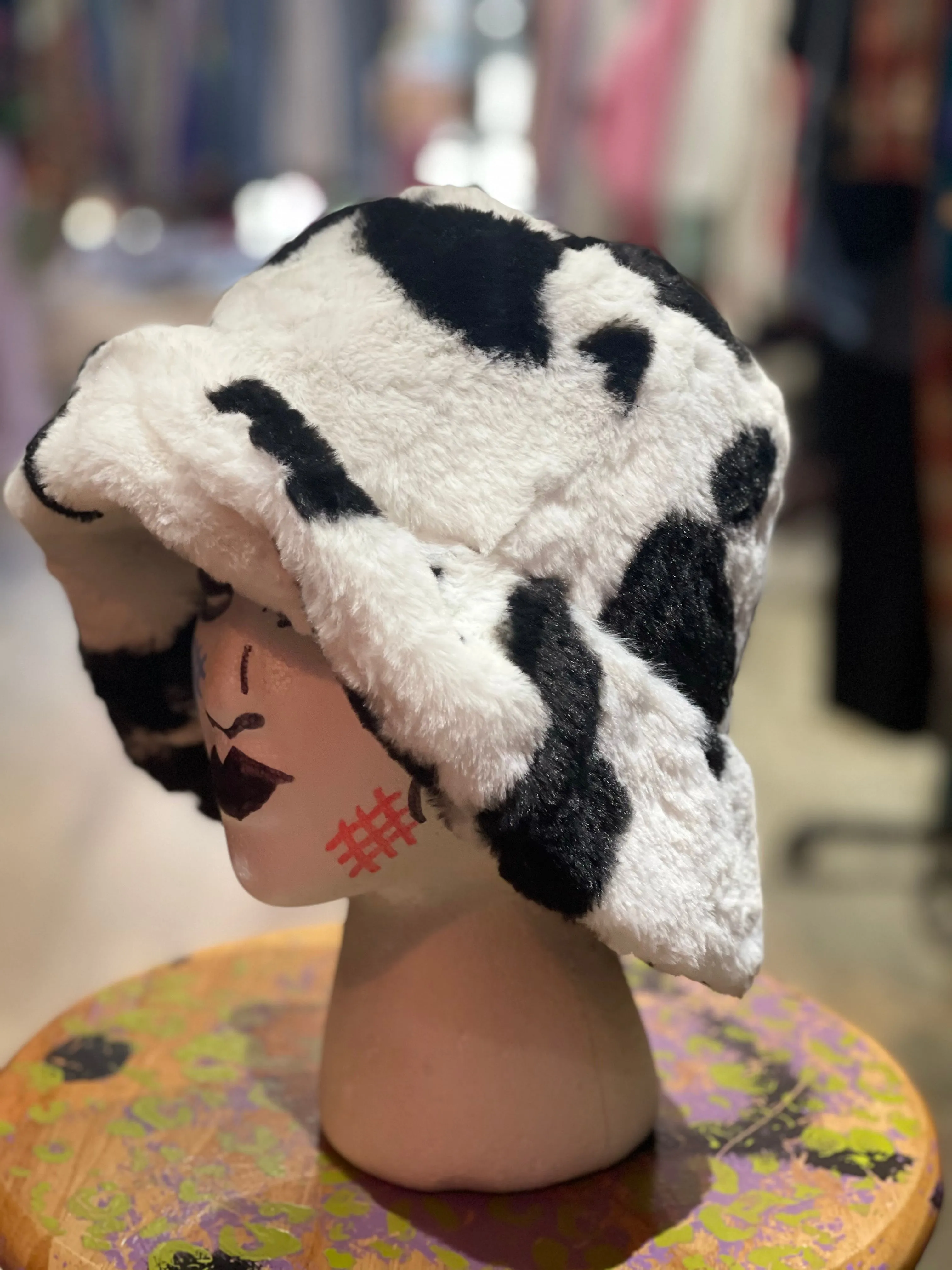 Fuzzy Cow Print Bucket Hat