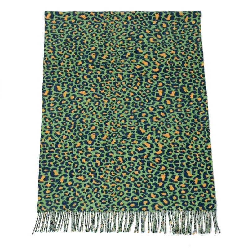 Green Exotic Leopard Print Fringed Soft Wool Feel Scarf