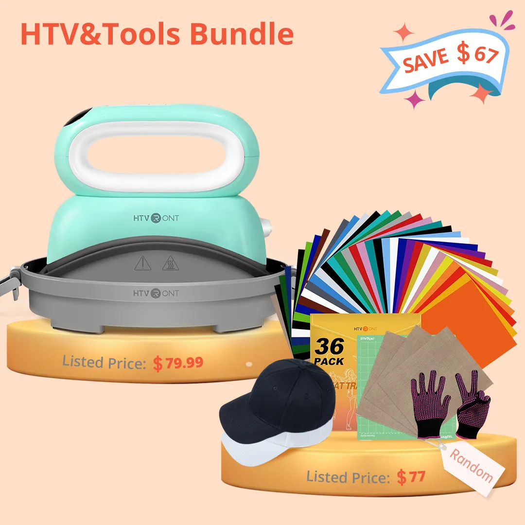 [HTV&Tools Bundle]HTVRONT Hat Heat Press Machine HTV&Tools Bundle(36pcs HTV Baseball Cap Blank*2 PTFE Teflon Sheet*3 Gloves Cutting Mat≥77＄)