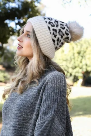 Ivory Leopard Animal Print Faux Fur Pompom Winter Knit Beanie Womens