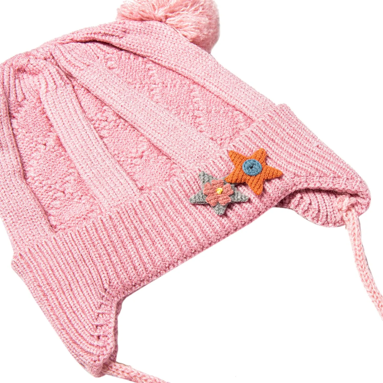 Knit Woollen Cap With Tie For Ear Cover Starry Pom Pom Pink