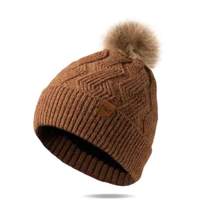 Ladies Plush Pom Pom Brown Winter Hat