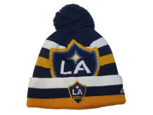 Los Angeles Galaxy Adidas Striped Acrylic Knit Cuffed Beanie Hat Cap w Poof Ball