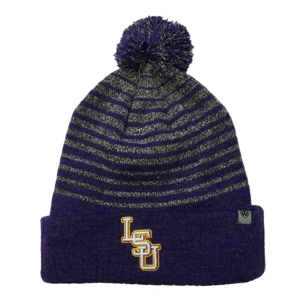 LSU Tigers TOW Gray Purple Stripe Acrylic Knit Cuffed Beanie Hat Cap with Poof