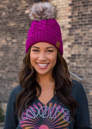 Magenta Cable Knit Beanie Hat w/ Faux Fur Pompom Casual Winter Womens One Size