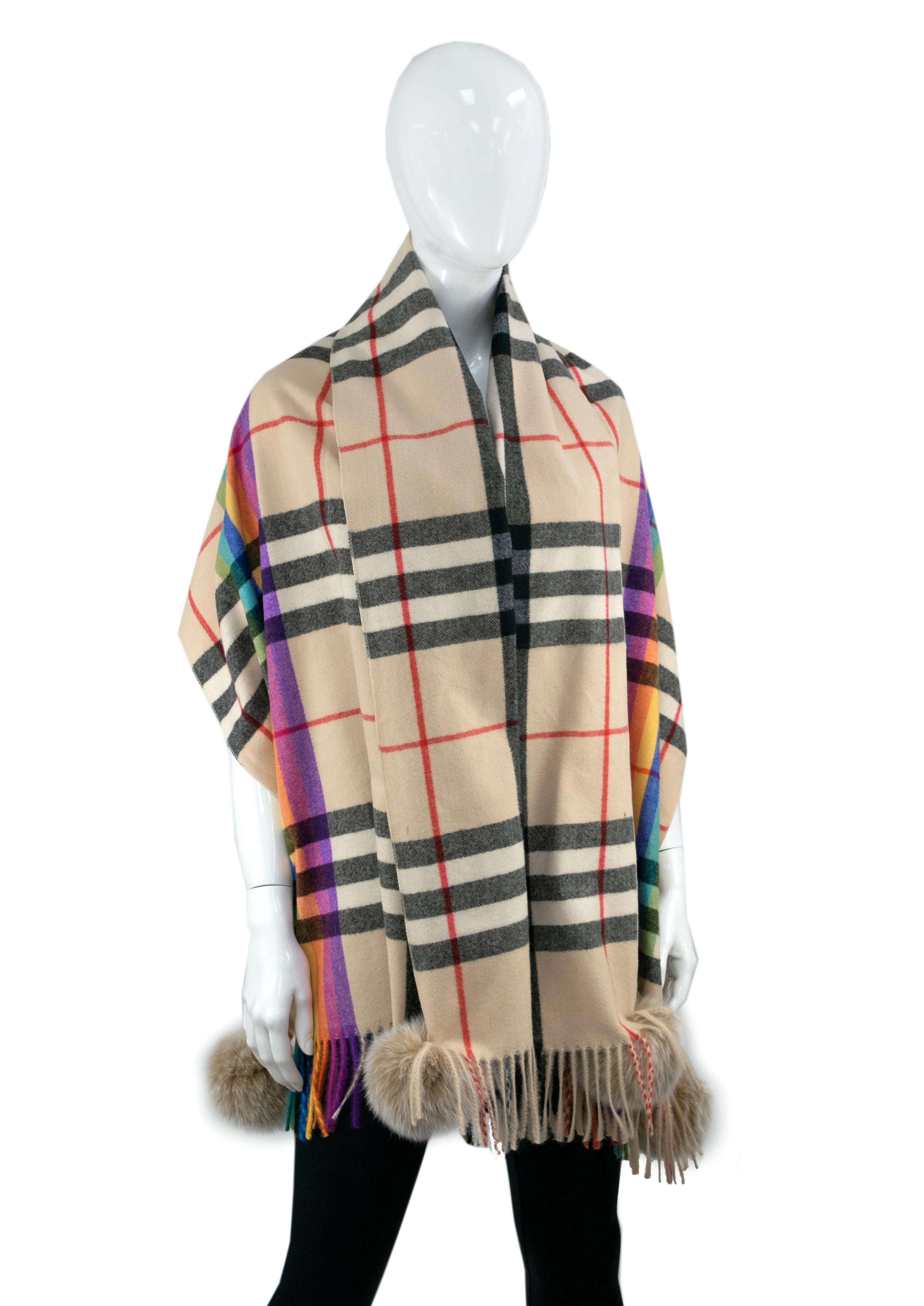 Mitchie's | Wide Woven Plaid Scarf with Fox Fur Poms