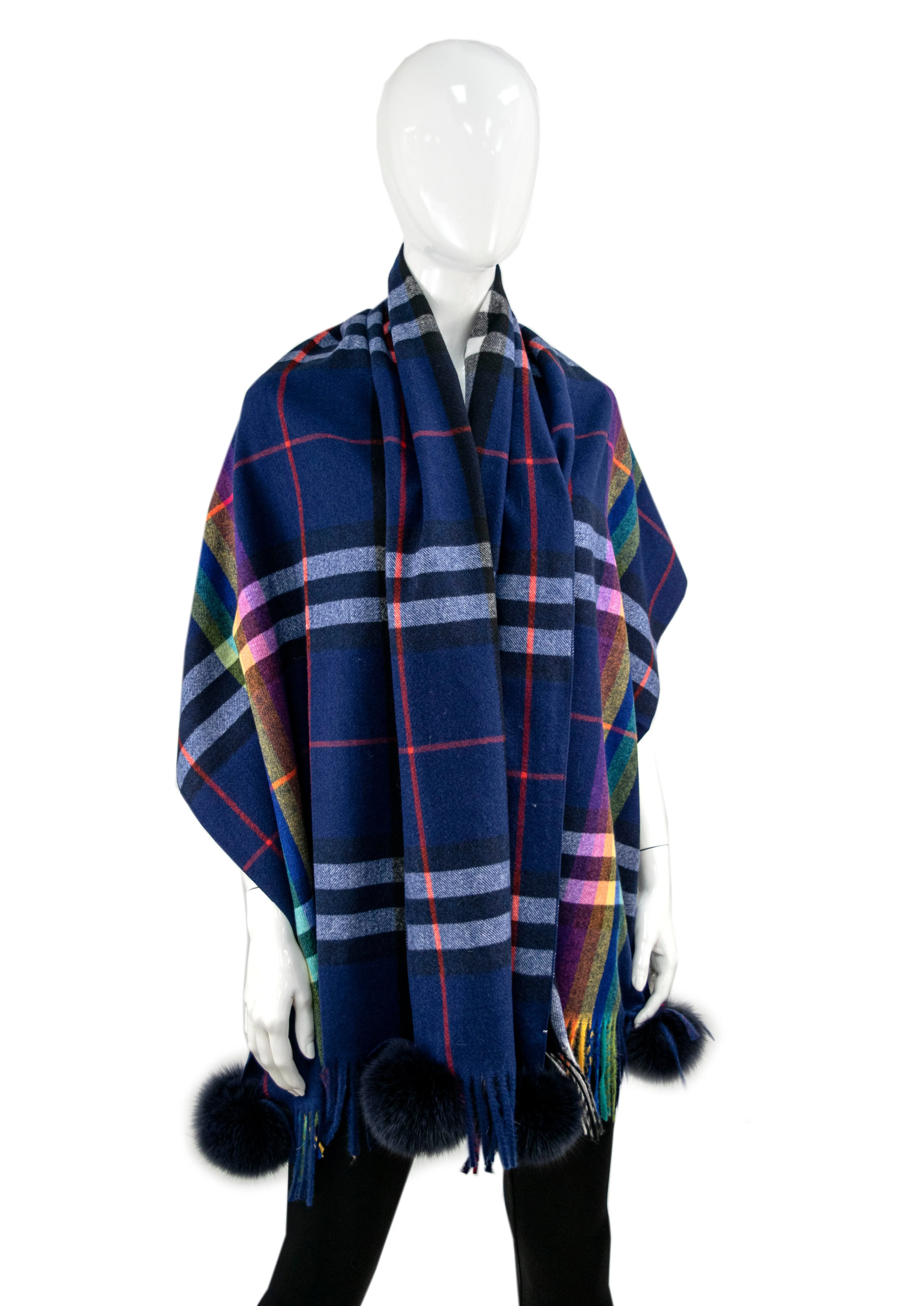 Mitchie's | Wide Woven Plaid Scarf with Fox Fur Poms