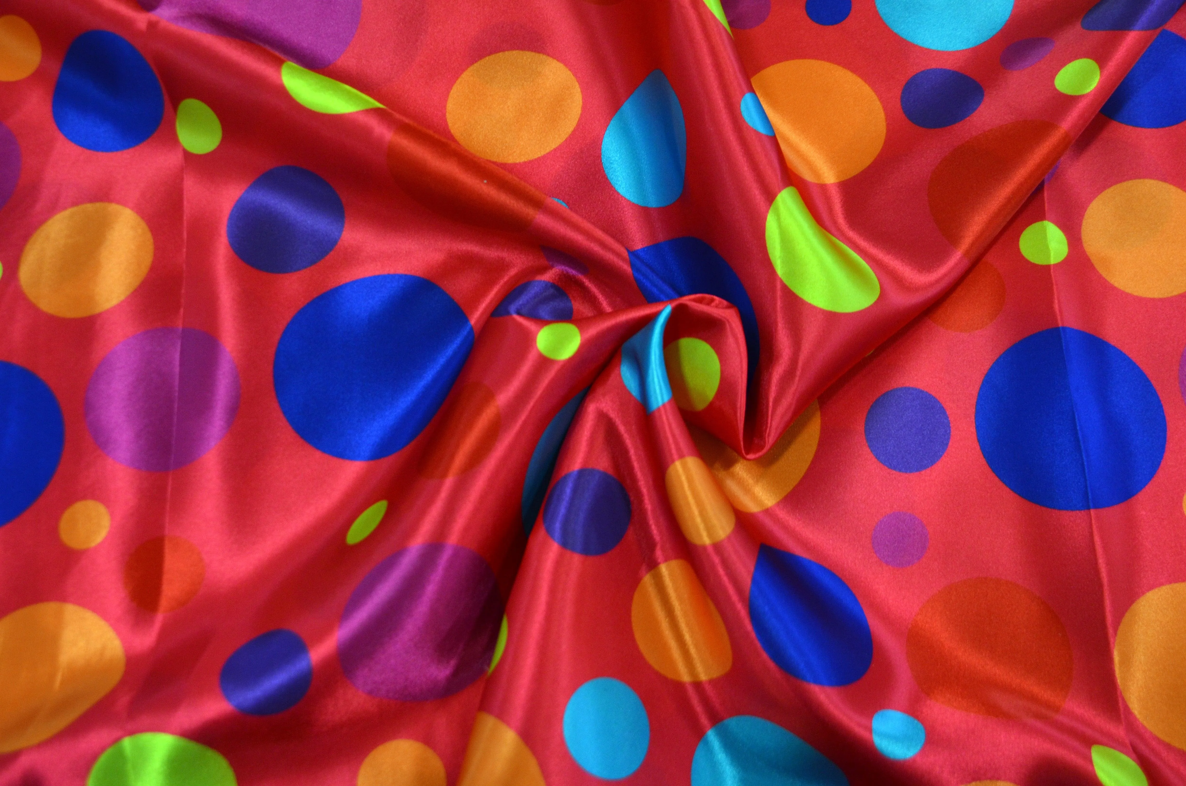 Multi Color Polka Dot Fabric | Polka Dot Satin Fabric | Polka Dot Charmeuse Satin Fabric | 60" Wide | Silky Soft Satin in a Polka Dot Print