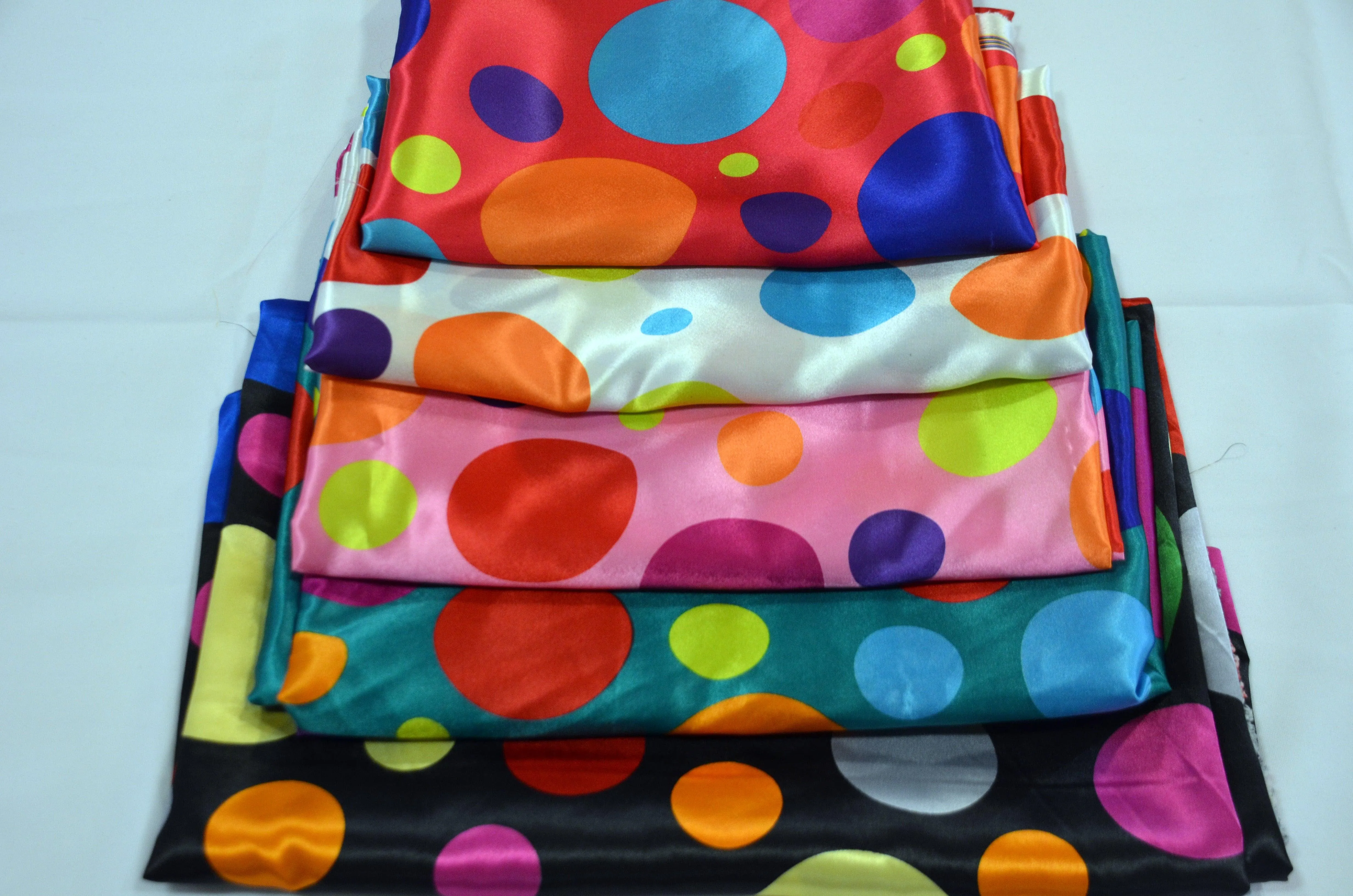 Multi Color Polka Dot Fabric | Polka Dot Satin Fabric | Polka Dot Charmeuse Satin Fabric | 60" Wide | Silky Soft Satin in a Polka Dot Print