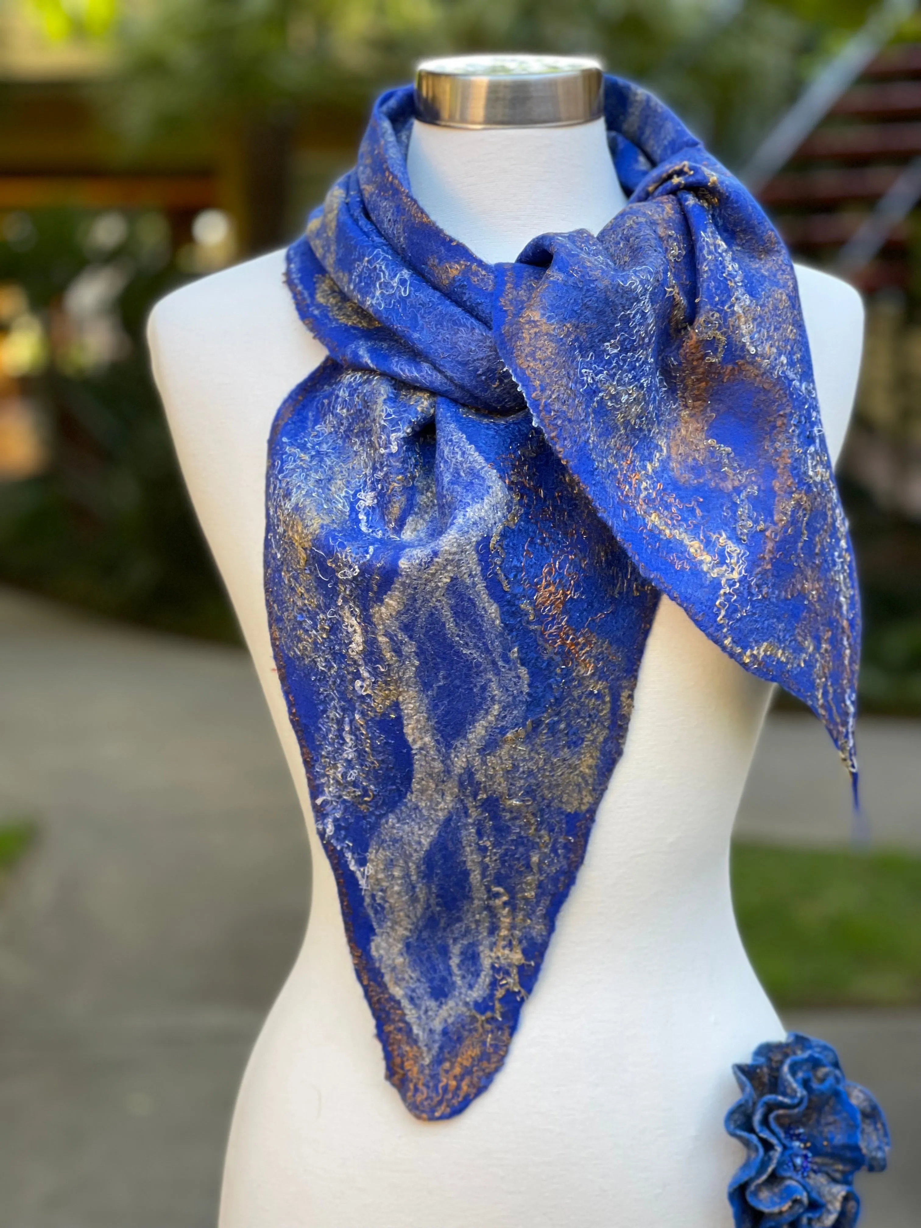 Navy Blue Felted Wool Scarf with Silk, Women Felted Scarf, Textured Evening Wrap, Nuno Felted Scarf