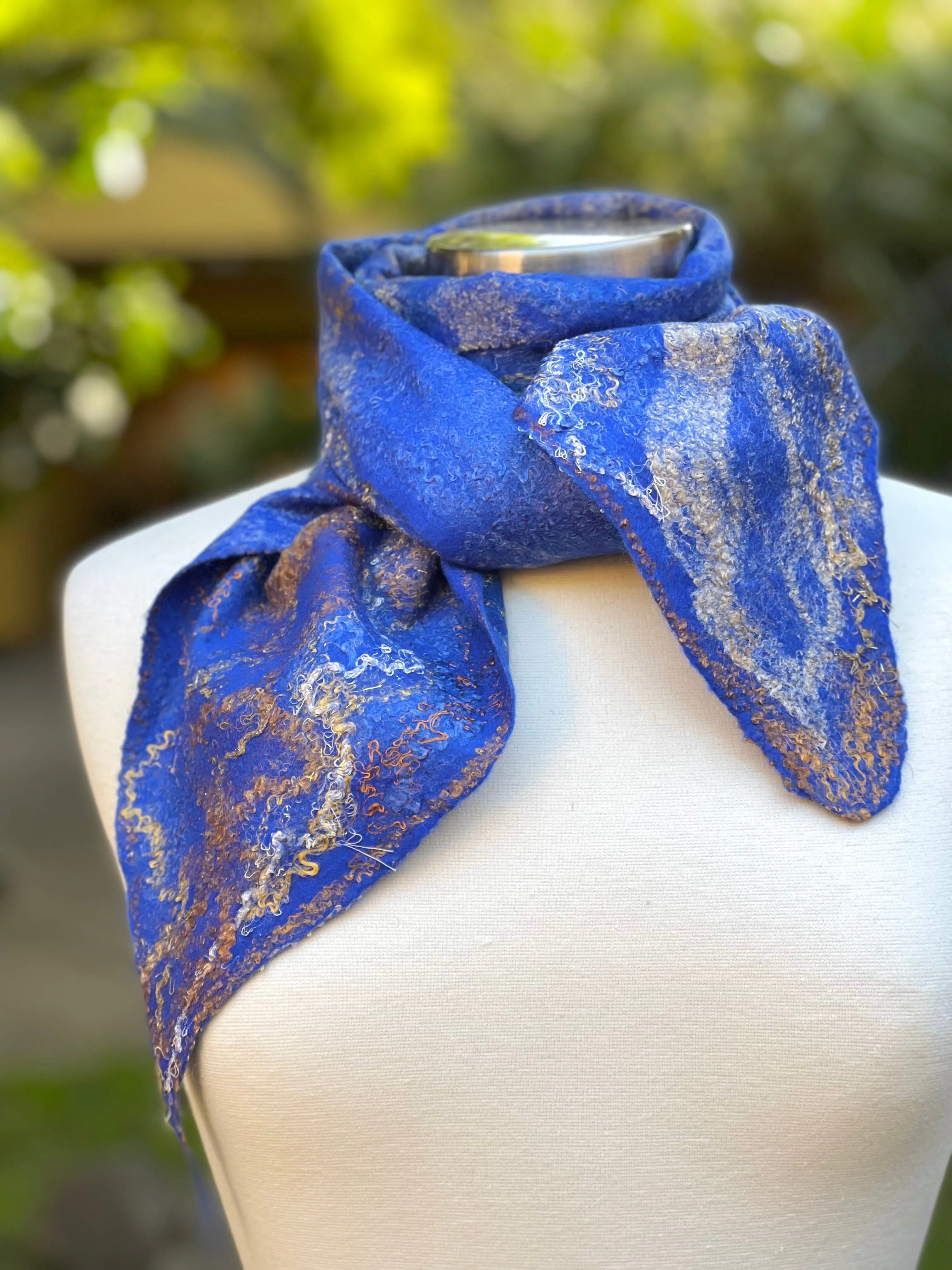 Navy Blue Felted Wool Scarf with Silk, Women Felted Scarf, Textured Evening Wrap, Nuno Felted Scarf