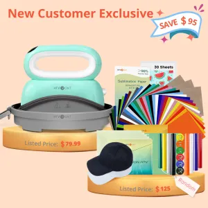 [New Customer Exclusive]HTVRONT Hat Heat Press Machine  Super Valued Box(36pcs HTV PUFF HTV*8 Sumblimation paper*30 Sumblimation HTV*5 PTFE Teflon Sheet*3 cutting mat  2 pack Baseball Cap Blank ≥125＄)