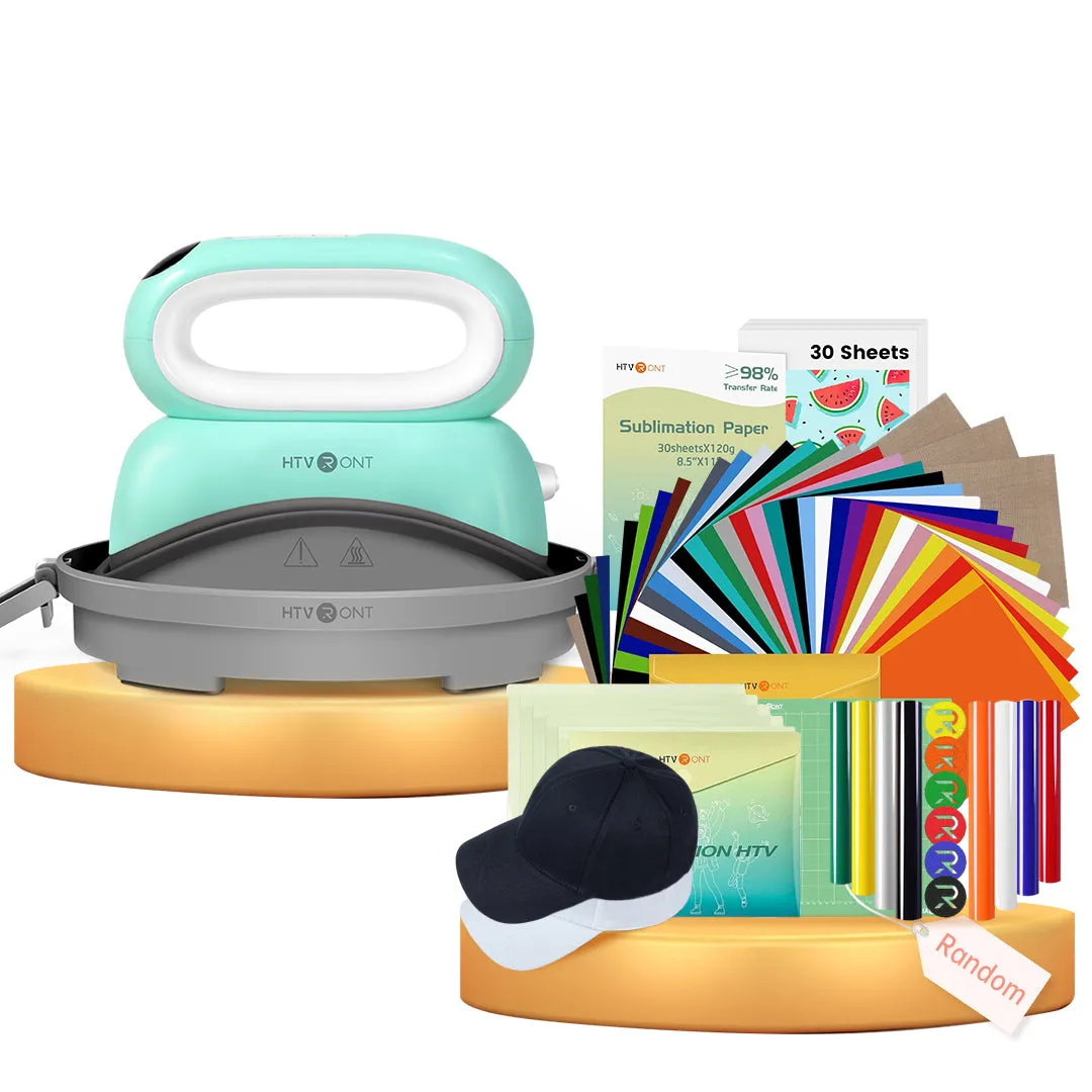 [New Customer Exclusive]HTVRONT Hat Heat Press Machine  Super Valued Box(36pcs HTV PUFF HTV*8 Sumblimation paper*30 Sumblimation HTV*5 PTFE Teflon Sheet*3 cutting mat  2 pack Baseball Cap Blank ≥125＄)