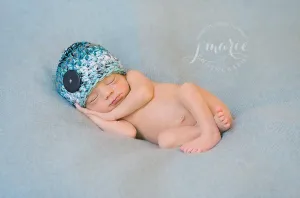 Newborn Button Hat Aqua Blue Black Gray White