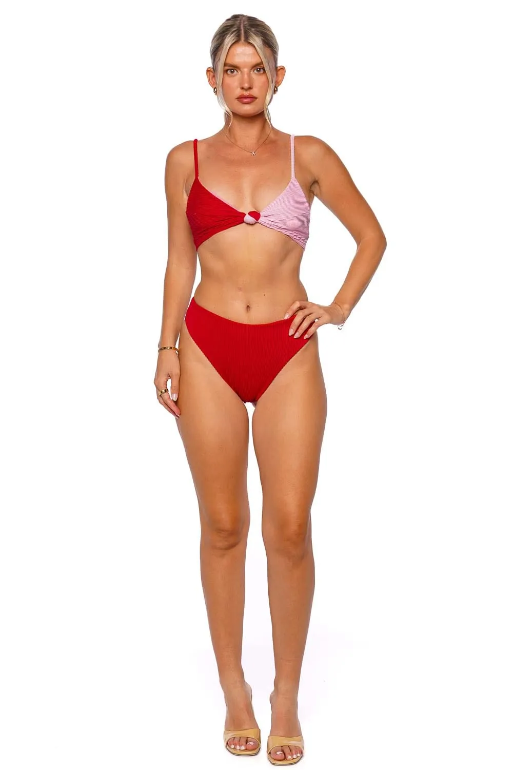 Pink & Red Colorblock Knotted Bikini Top