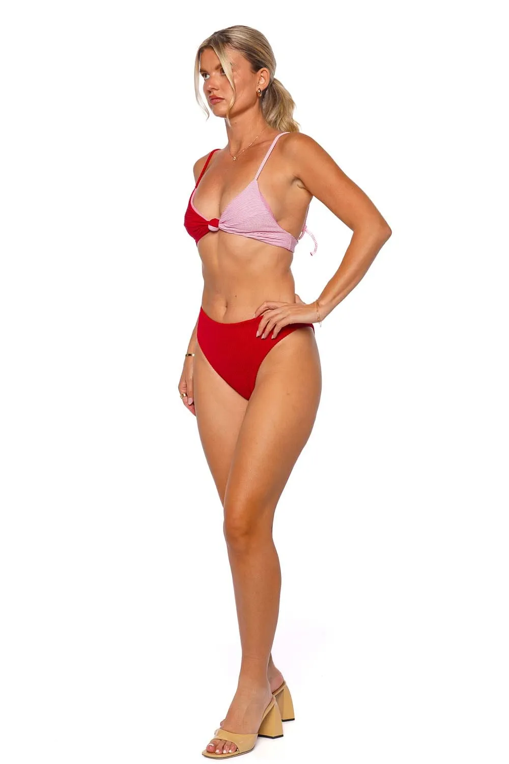 Pink & Red Colorblock Knotted Bikini Top