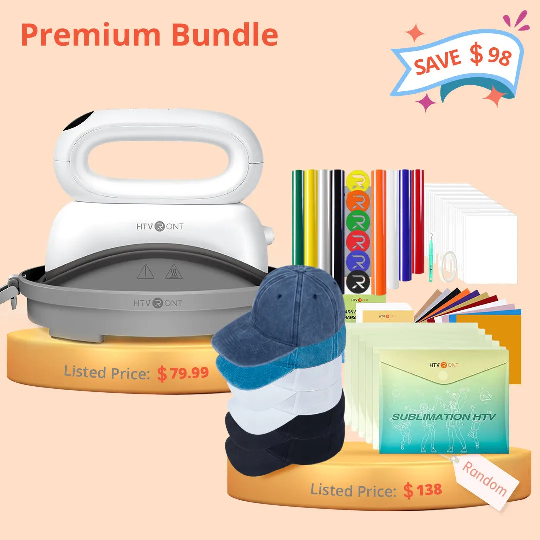 [Premium Bundle]HTVRONT Hat Heat Press Machine Premium Bundle(Baseball Cap*6 HTV*10 PUFF HTV*8 Sumblimation Paper*25 Sumblimation HTV Transfer paper*10 PTFE Teflon Sheet Tools ≥138＄)