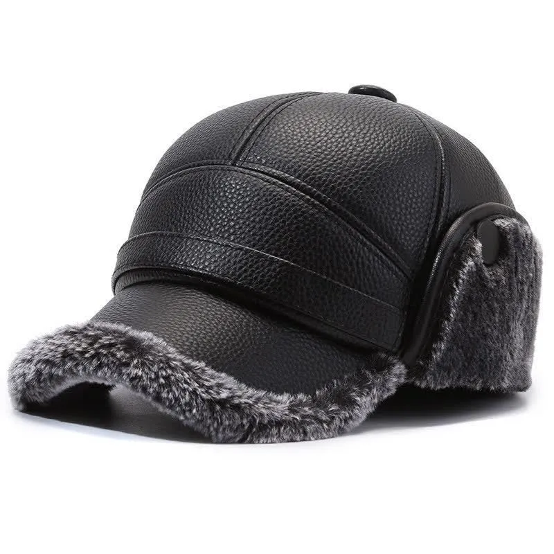 PU Leather Fleece Earflaps Baseball Hat