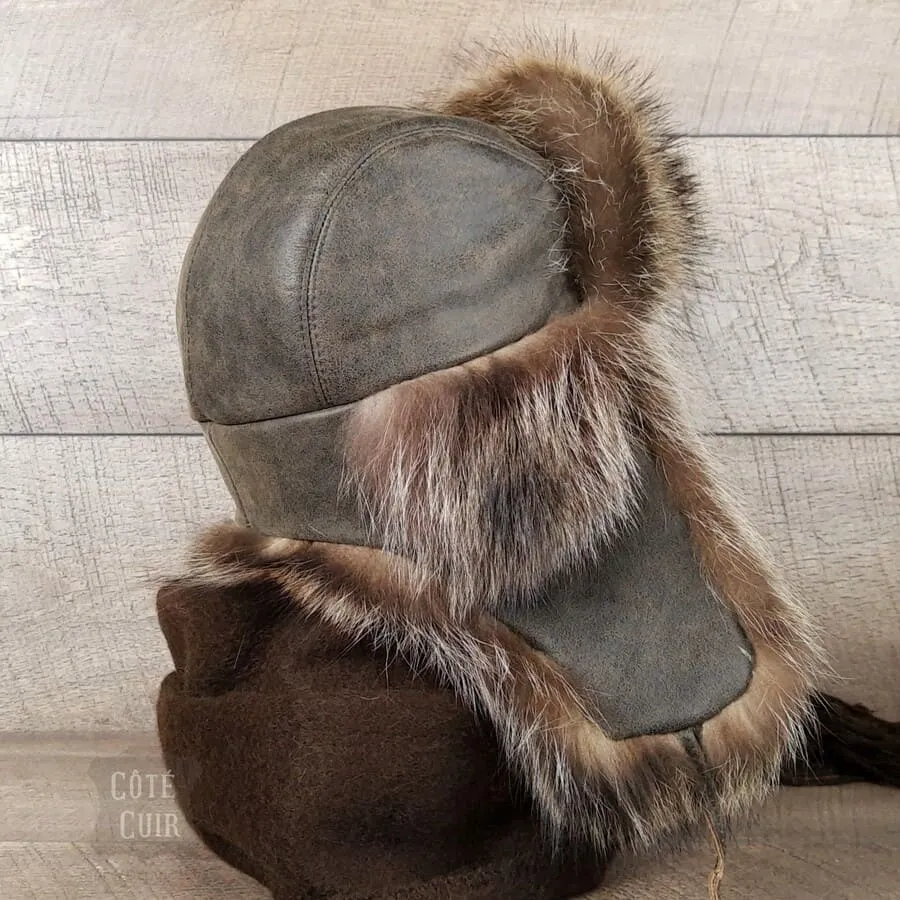 Raccoon Fur Trapper Hat, Antique Brown Leather