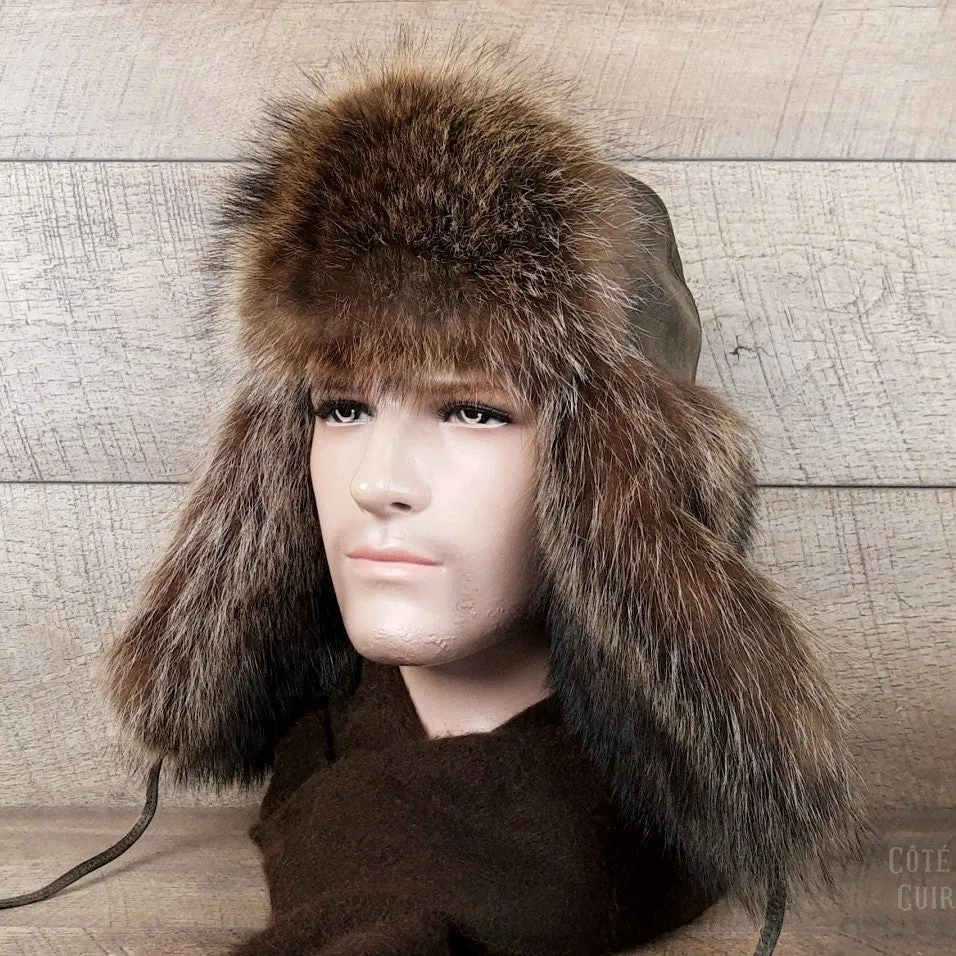 Raccoon Fur Trapper Hat, Antique Brown Leather