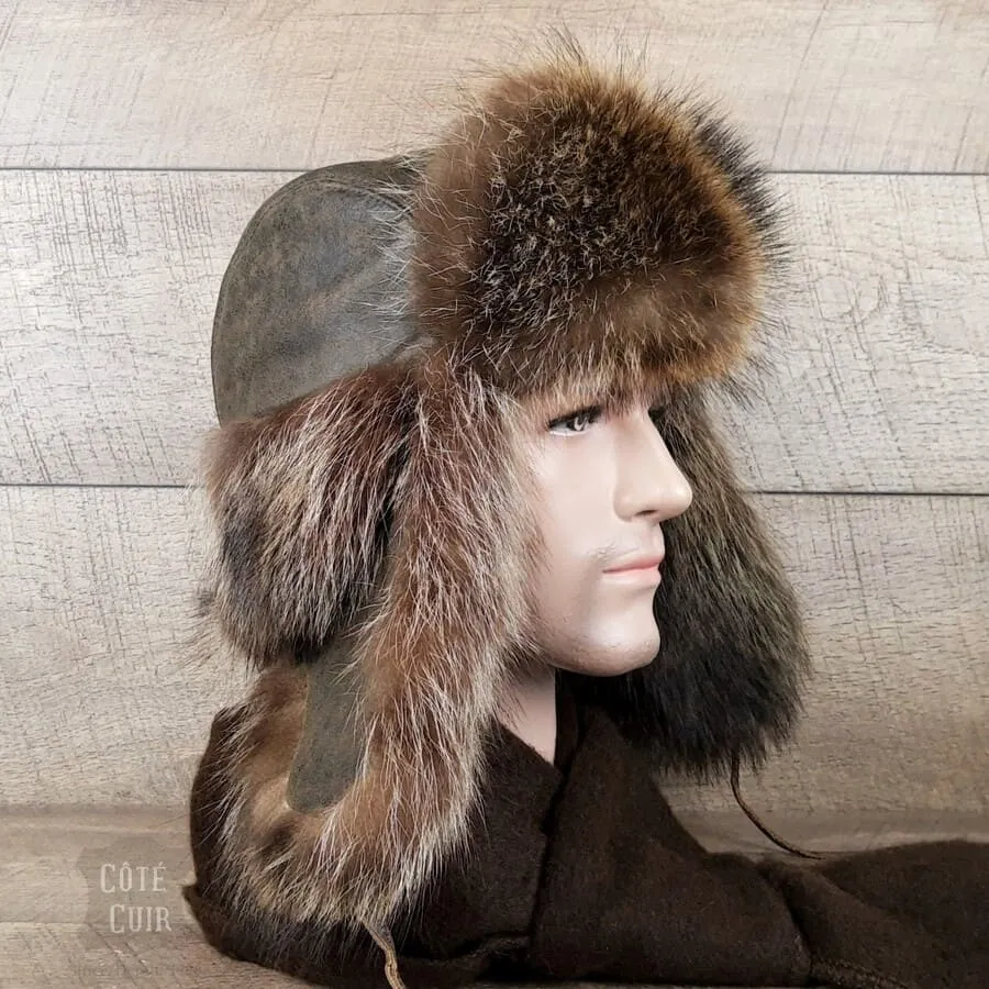 Raccoon Fur Trapper Hat, Antique Brown Leather