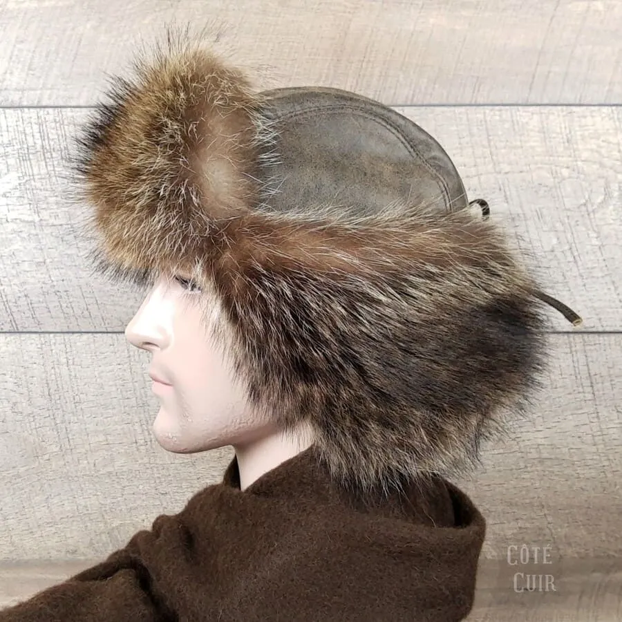 Raccoon Fur Trapper Hat, Antique Brown Leather