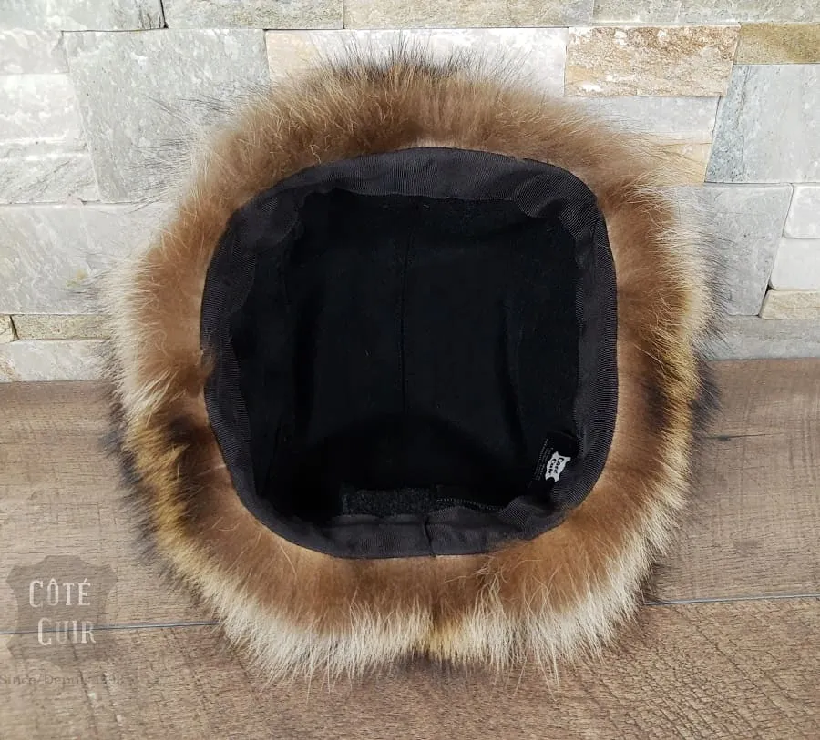 Raccoon Fur Trapper Hat, Antique Brown Leather