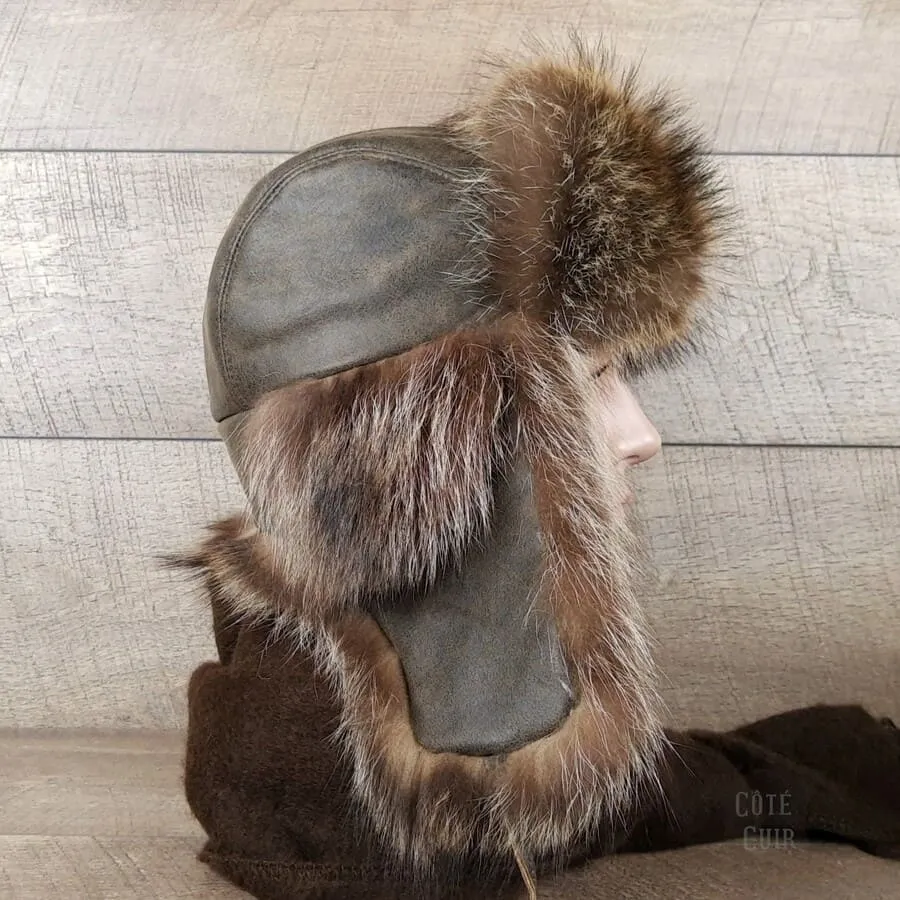 Raccoon Fur Trapper Hat, Antique Brown Leather