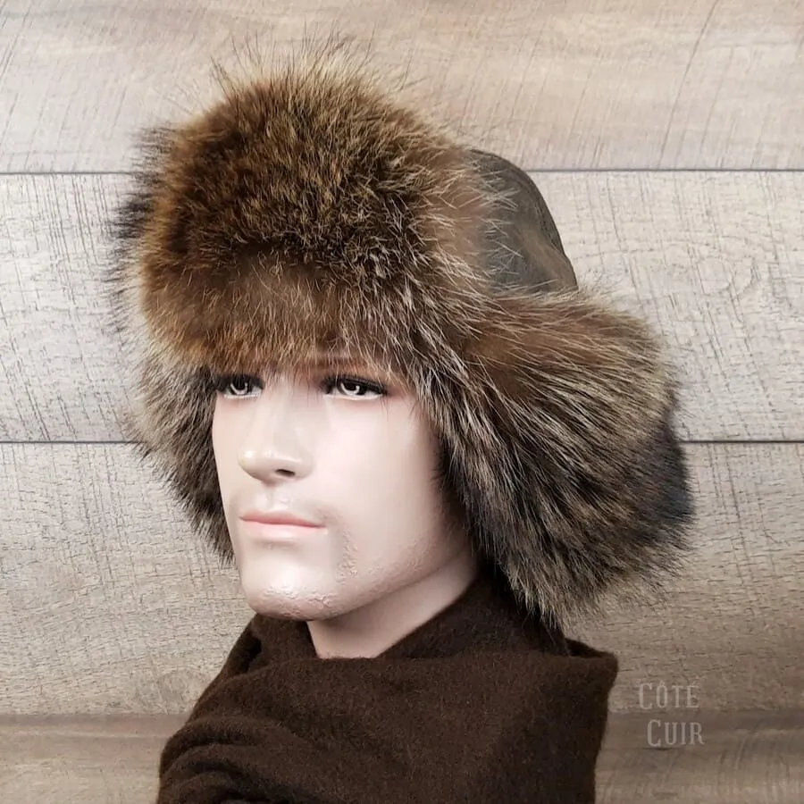 Raccoon Fur Trapper Hat, Antique Brown Leather