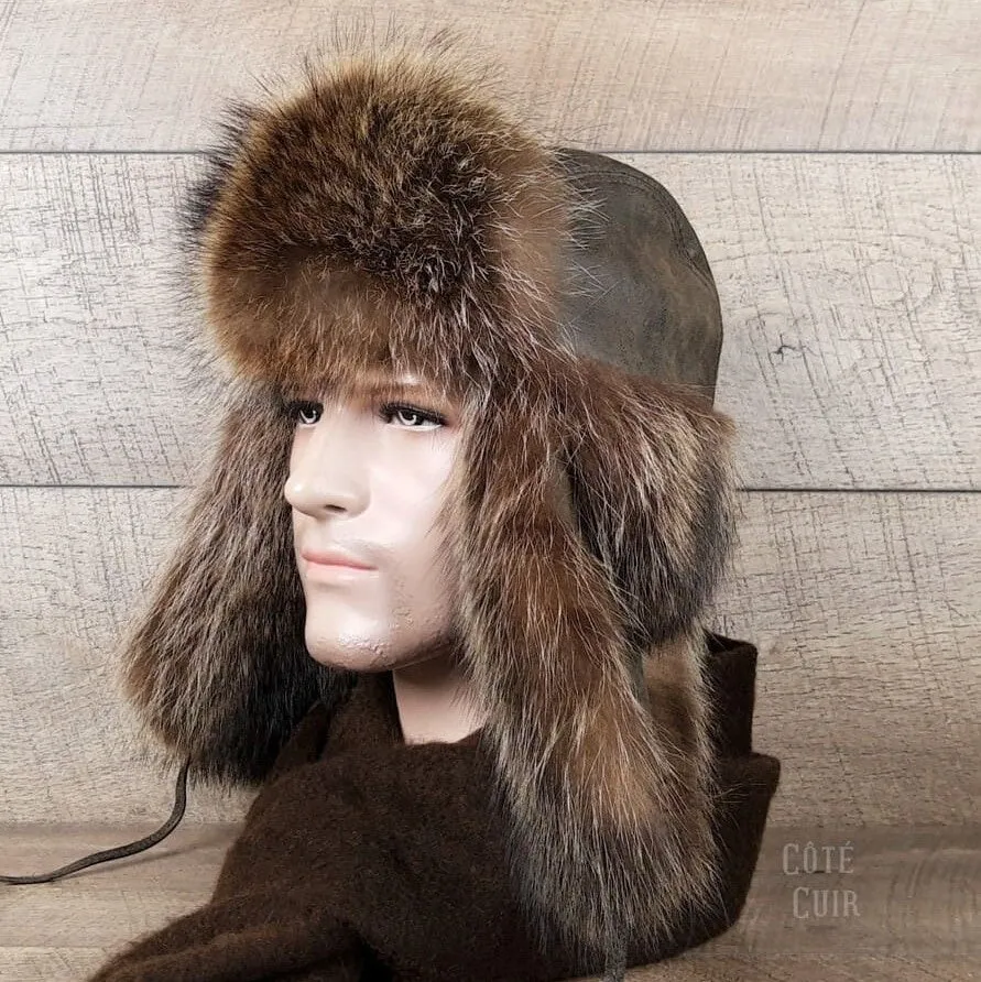 Raccoon Fur Trapper Hat, Antique Brown Leather