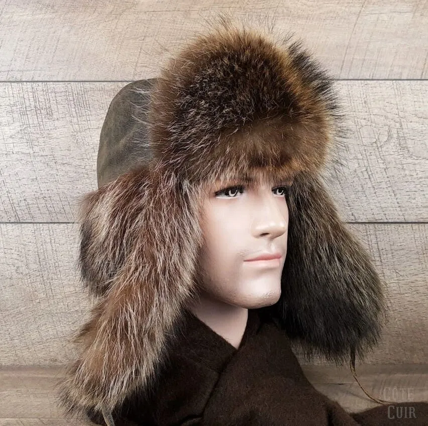 Raccoon Fur Trapper Hat, Antique Brown Leather