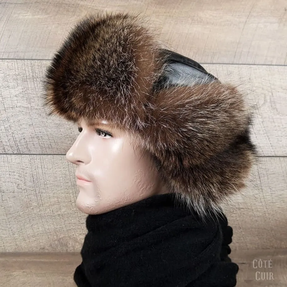 Raccoon Fur Trapper Hat, Black Leather