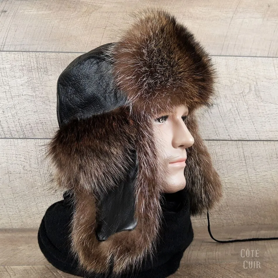 Raccoon Fur Trapper Hat, Black Leather