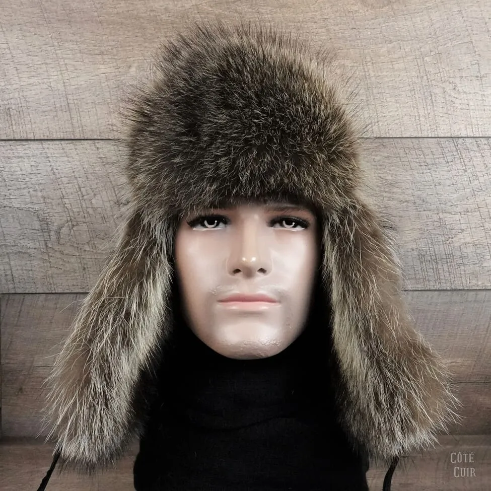 Raccoon Fur Trapper Hat, Black Leather